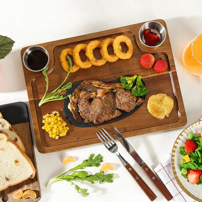 HALE OTEIR Acacia Wood Steak Plates - Steak Plate Cutting Board 2 Sauce Cups for Meat Cheese Appetizers, Wood Serving Board, Charcuterie Board Platter Perfect for Housewarming, Christmas, Mother's Day