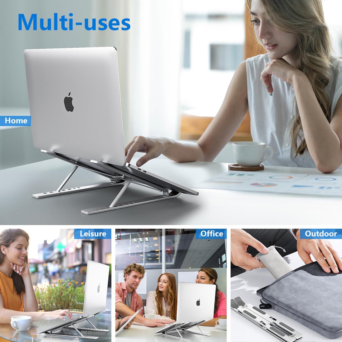 Sopholid Laptop Stand for Desk, Aluminum Metal MacBook Stand，Computer Riser for Desk, Portable Foldable Adjustable Notebook Holder, Compatible with 10-15.6 Inch Laptops, iPad, Silver.