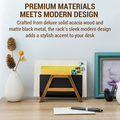 MyGift Modern Desktop Mail Holder, Urban Solid Acacia Wood and Matte Black Metal Tabletop Letter Sorter