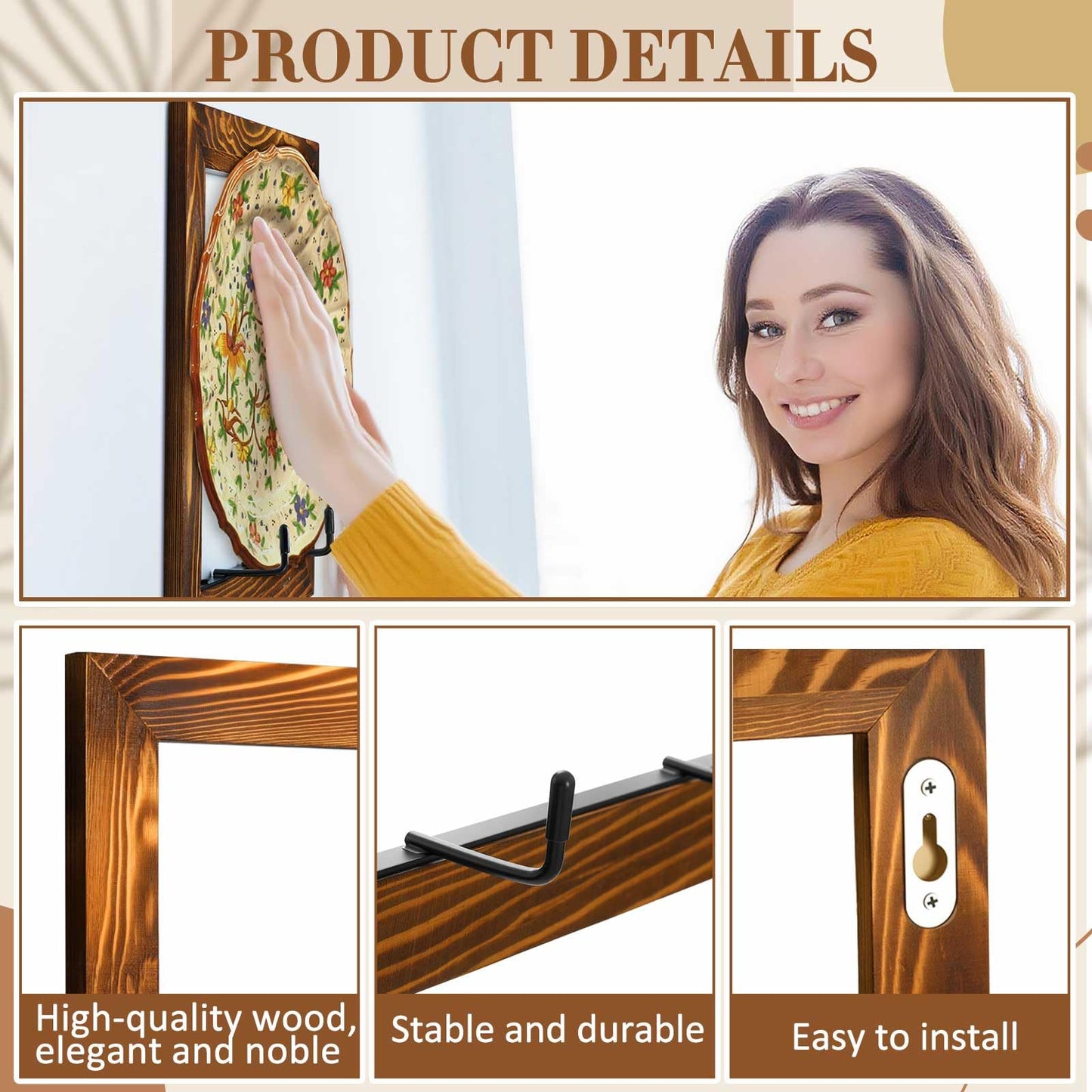 Yalikop 2 Set Plate Hangers, Wall Mounted Wooden Plate Display Holders, Rustic Burnt Solid Wood Frame with Black Metal Hooks for 8 to 11 Inch Plates, Platters & Dishes for Home & Kitchen Decoration