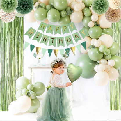 Sage Green Birthday Decorations, Birthday Party Décor, Gold Green Balloons Olive Happy Birthday Banner Fringe Curtain Background, Neutral Decorations for Women Men