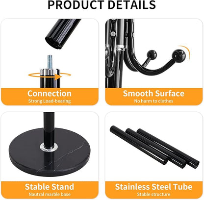 ZOZOE Metal Coat Rack Stand, Modern Coat Rack Freestanding with Natural Marble Base, 360° Rotary Design Coat Racks with 14 Hooks, Black Coat Tree Hanger Stand for Bags, Hats, Entryway, Office