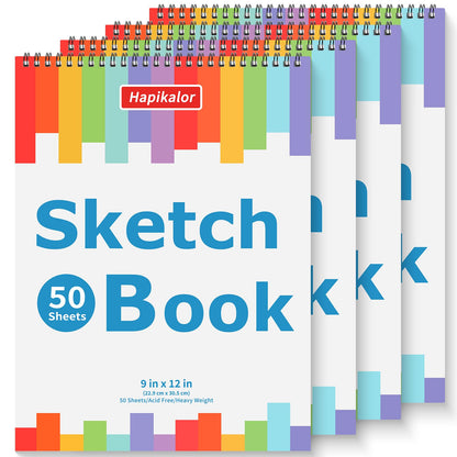 4 Pack 9x12 Sketch Book Spiral Bound, 50 Sheets Each 100gsm/68lb Acid-Free Drawing Paper, Lay-Flat Art Sketch Pad for Dry Media, Pencil, Charcoal, Sketching & Practice, School Supplies for Kids Adults