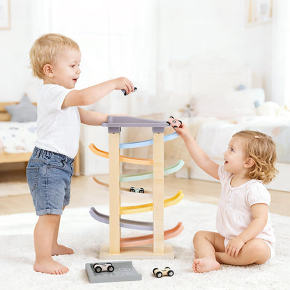 Joyreal Montessori Toddler Toys for 1 2 3 Year Old - 7 Level Wooden Car Ramp Racer Toys with 8 Mini Cars & 2 Garages - Christmas Birthday Gifts for 1-2 Year Old Boys and Girls