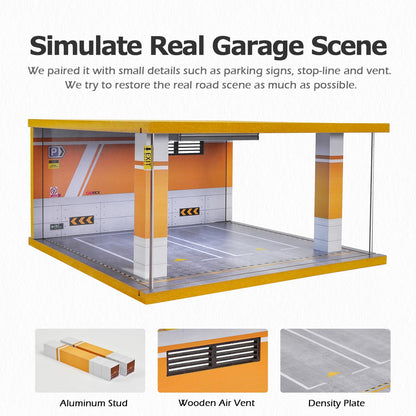 cxiiuui Display Case Car Acrylic Cover 1/24 Scale Parking Garage Wooden Diecast Car Show Case 2 Parking Spaces Yellow and White
