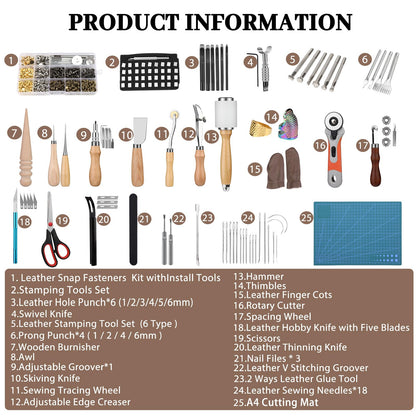 SOCNITC Leather Craft Tools, Leather Working Kit with Snaps and Rivets Kit Stamping Tools Stitching Groover Waxed Thread Punch Hole for Leathercraft Adults, Beginners