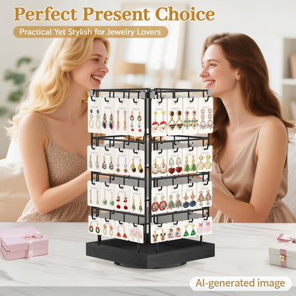 MODOWEY 360 Rotating Earring Cards Organizer Holder Stands for Selling Vendors, 64 Hooks Jewelry Display Tree, Large Capacity Storage Wood Rack Tower Women Dresser Stud Pierced, Brown