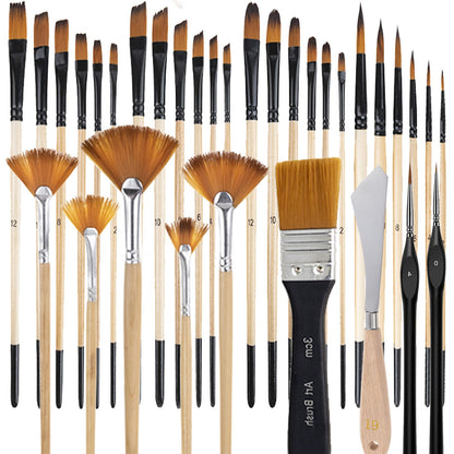 33 Pieces Paint Brush Set, Artist Series, Nylon Bristles with Round, Filbert, Flat, Fan, Angle, Detail Brush, Palette Knife,Suitable for Artists and Beginners for Acrylic Painting, Oil, Watercolor..