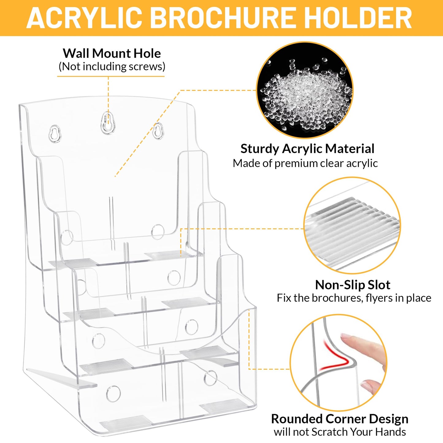 SafeWayss Acrylic Brochure Holder 8.5 x11”, 4 Tier Clear Literature Magazine Stand with Removable Divider for 4 x 9 Pamphlet Display Brochure with Business Card Holders- Wall Mount & Countertop