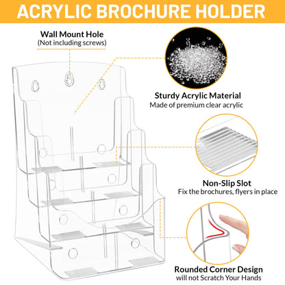 SafeWayss Acrylic Brochure Holder 8.5 x11”, 4 Tier Clear Literature Magazine Stand with Removable Divider for 4 x 9 Pamphlet Display Brochure with Business Card Holders- Wall Mount & Countertop