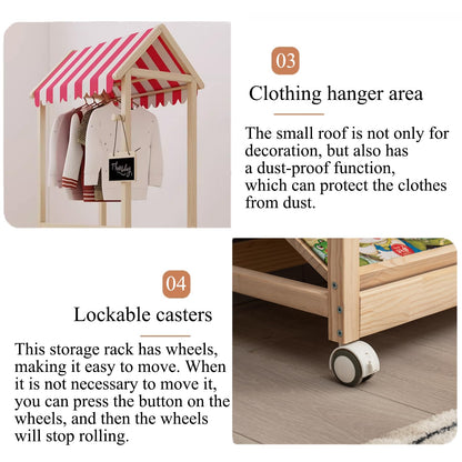 HaoGZMZFCL 3 Tier Wood Storage Rack with Lockable Casters for Easy Movement for Living Room Bed Room Wooden Storage Shelf Bookshelf Coat Rack for Books Toys Clothes, a Rod (Red & White roof)