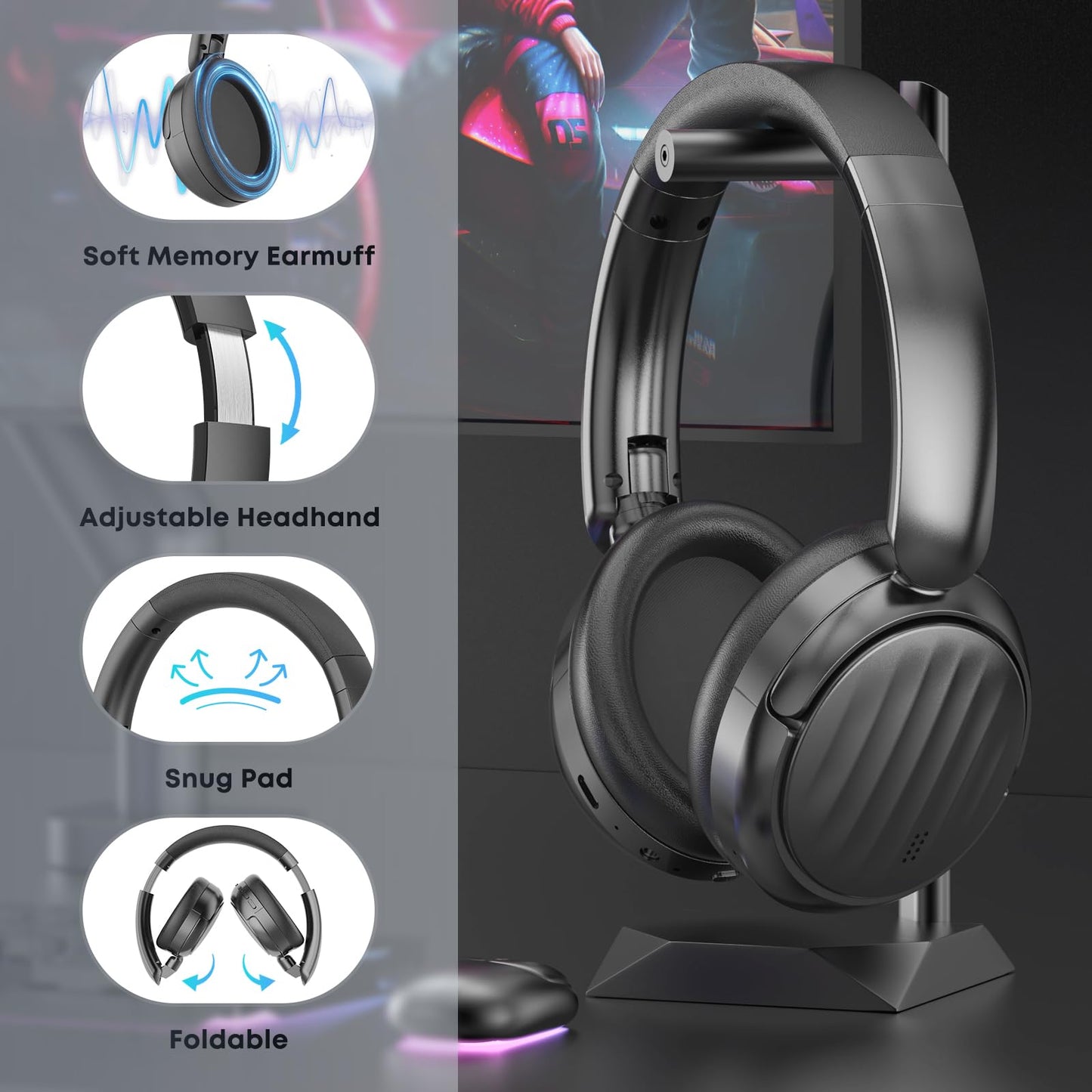 MMWOWARTS Bluetooth Headphones with Active Noise Cancelling (ANC), Wireless Over Ear Bluetooth Headsets with 35H Playtime, HiFi Stereo Foldable Headphones with Foam Ear Cups for Sports, Travel, Black