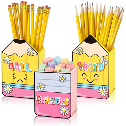 Fayoo 3 Pcs Sharp and Dull Pencil Holder for Classroom Teacher Appreciation Gifts Eraser Buckets Pencil Dispenser Wooden Desktop Organizer for Office Students No Assembly Required