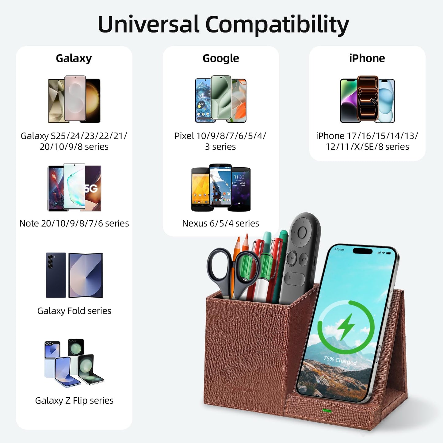 TopMade Wireless Charger with Pen Holder, Multi-functional Desktop Organizer and Storage, Home Office Supplies Desk Accessories, Pencil/Remote Holder with Fast Charging Phone Stand (Brown)