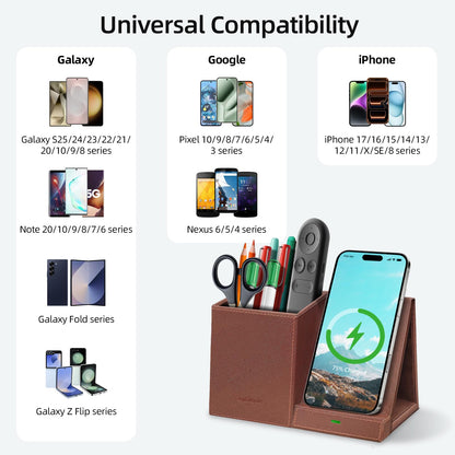 TopMade Wireless Charger with Pen Holder, Multi-functional Desktop Organizer and Storage, Home Office Supplies Desk Accessories, Pencil/Remote Holder with Fast Charging Phone Stand (Brown)