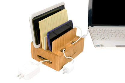 Bamboo Charging Station & Multi-Device Organizer – Large Capacity Desktop Dock for Smartphones, iPhone, iPad, and Tablets
