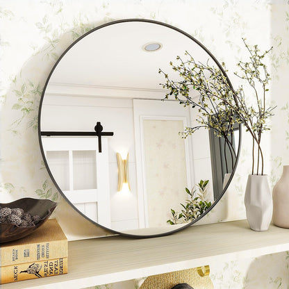 VooBang Black Round Bathroom Mirror, 30 inch Circle Wall Mounted Hanging Mirror with Simple Modern Circular Metal Frame for Hallway, Entryway, Living Room, Black Frame