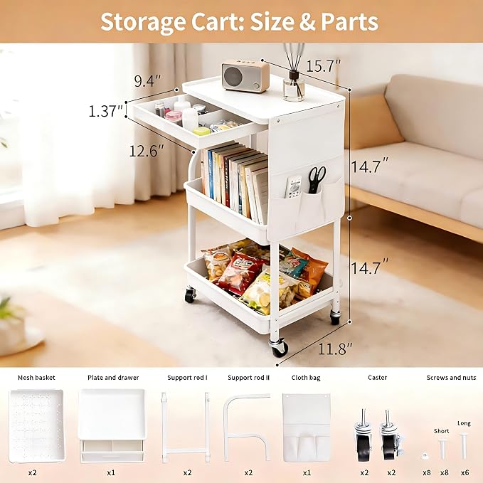 BLULEE 3-Tier Rolling Storage Cart with Pull-Out Drawer & Side Organizer | Heavy-Duty Carbon Steel Utility Cart with Lockable Wheels, Mobile Organizer Rack for Bathroom, Makeup, Nursery & Kitchen