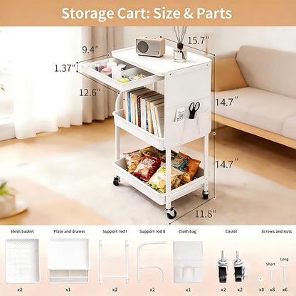 BLULEE 3-Tier Rolling Storage Cart with Pull-Out Drawer & Side Organizer | Heavy-Duty Carbon Steel Utility Cart with Lockable Wheels, Mobile Organizer Rack for Bathroom, Makeup, Nursery & Kitchen