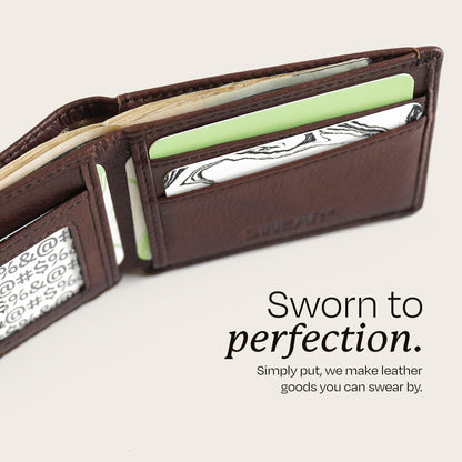 Swear Brands Full-Grain Leather Wallet | Slim RFID Blocking Bifold Design with Cash Pocket & Card Pull Strap | Holds 1-12 Cards | Stylish & Durable (Walnut)