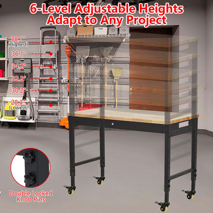 ACONEE 48" Adjustable Workbench, Heavy Duty Workstation 2000 LBS Load Capacity, Rubber Wood Top Workstation with 4 Rolling Casters, Power Outlets, Metal Frame, Wood Top Workbench for Workshop Garage