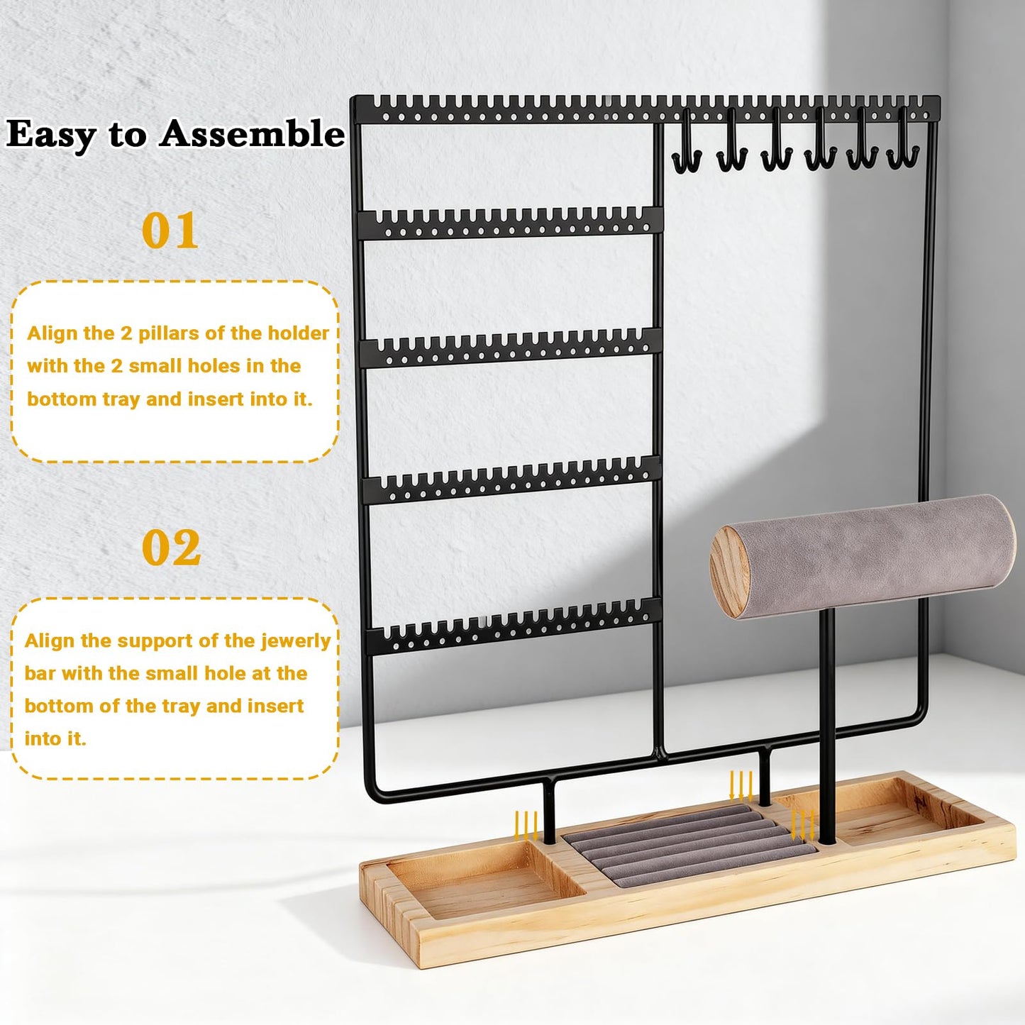 Ciormis 5 Tier Jewelry Holder Organizer, 72 Holes Earring Tree Holder Organizer 12 Hooks Necklace Rack Display Holder with Ring Storage Tray Bracelet Display Holder for Preppy Girl Friend Gift(Black)