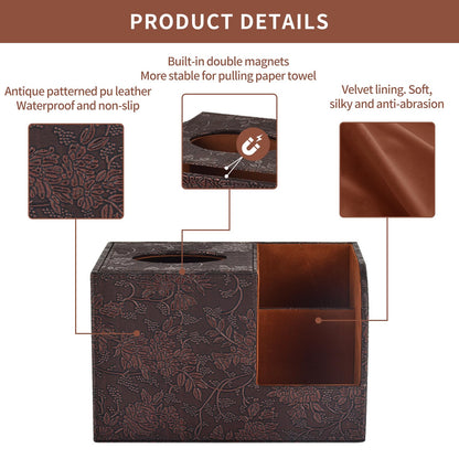 PU Leather Tissue Box Cover Square Tissue Holder Tissues Box Organizer with 2 Compartment,Remote Control Holder,Multifunctional Decorative Tissue Box Covers Cube,Home Office Desktop Storage Box,Retro