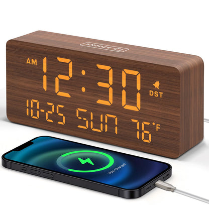 DreamSky Wooden Digital Alarm Clocks for Bedrooms - Living Room Desk Clock with Date and Day of Week, Temperature, USB Port, Dimmer Wheel, Adjustable Volume, Auto DST, Wood Decor for Office Table