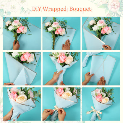 Tenare 20 Sheets Waterproof Floral Wrapping Paper with 2 Ribbons - 23.6" x 23.6" Frosted Flower Bouquet Wrapping Paper for Mother's Day, Wedding, Birthday & Florist Supplies(Bright Colors)