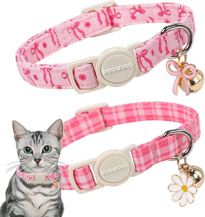 2 Pack Pink Cat Collars - Spring Summer Pink Bow Breakaway Cat Collar with Bell, Adjustable Cute Pink Plaid Kitten Collars for Girl Cats, 7-12 Inch