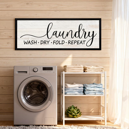 Wash Dry Fold Repeat Wooden Sign Framed Wall Art, Horizontal Motivational Laundry Room Quote Wood Plaque above the Bathtub, 32''×12'' Farmhouse Long Saying Wood Sign Wall Decor for Washing Room