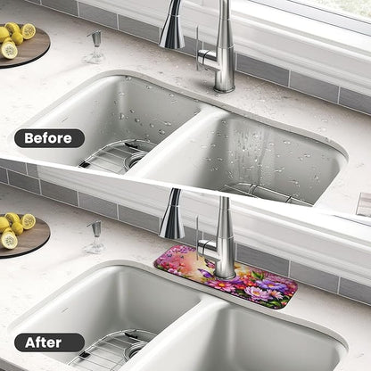 Pink butterfly flower Kitchen sink faucet pad, strong water absorption