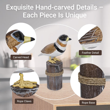 SANMENMO Hand-Carved Wooden Shorebird Decor – Set of 2 Seabird Figurines on Rustic Wood Posts, Coastal Nautical Theme Tabletop Ornaments for Home, Shelf, or Beach House Decor