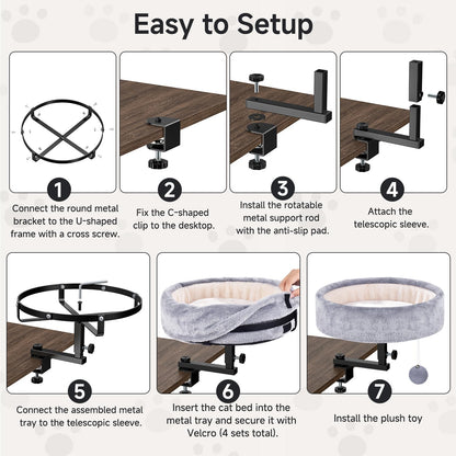 Chumajor Cat Desk Bed - 360° Rotating & Adjustable, Supports 50 lbs, Soft Faux Fur with Dual-Sided Reversible Mat, Modern Indoor Cat Nest Furniture for Office Desks and Game Tables, Island Table
