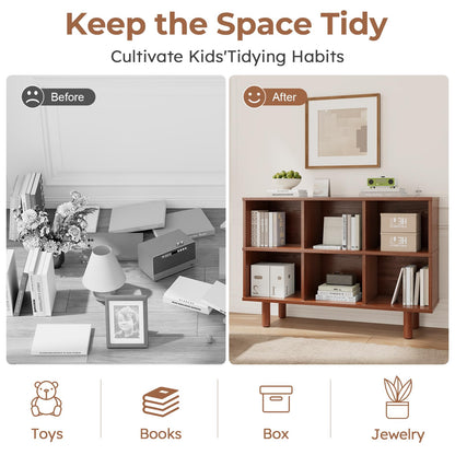 Solid Wood 6 Cube Storage Organizer, Horizontal Bookshelf with Storage, 2 Shelf Bookcase, 6 Cube Shelf, TV Stand Bookshelf, Small Book Shelf for Kids Rooms, Bedroom, Living Room, Offices (47.2 Wide)