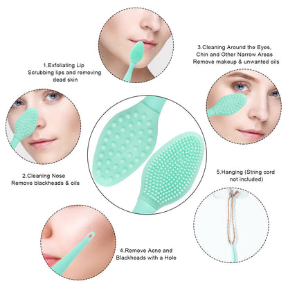 Silicone Facial Cleansing Brush 3 Pack, Beomeen 4 in 1 Handheld Face Scrubber for Deep Gentle Exfoliating, Double-Ended Face Wash Scrub Brush for Face Skincare and Massage (Green)