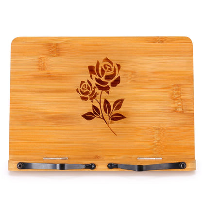MEGREZ Bamboo Book Stand 11 x 8.0 inch, Foldable Cookbook Holder with 6 Adjustable Height, Reading Book Holder for Recipe, Music Book, Textbook, Tablet Stand, Rose
