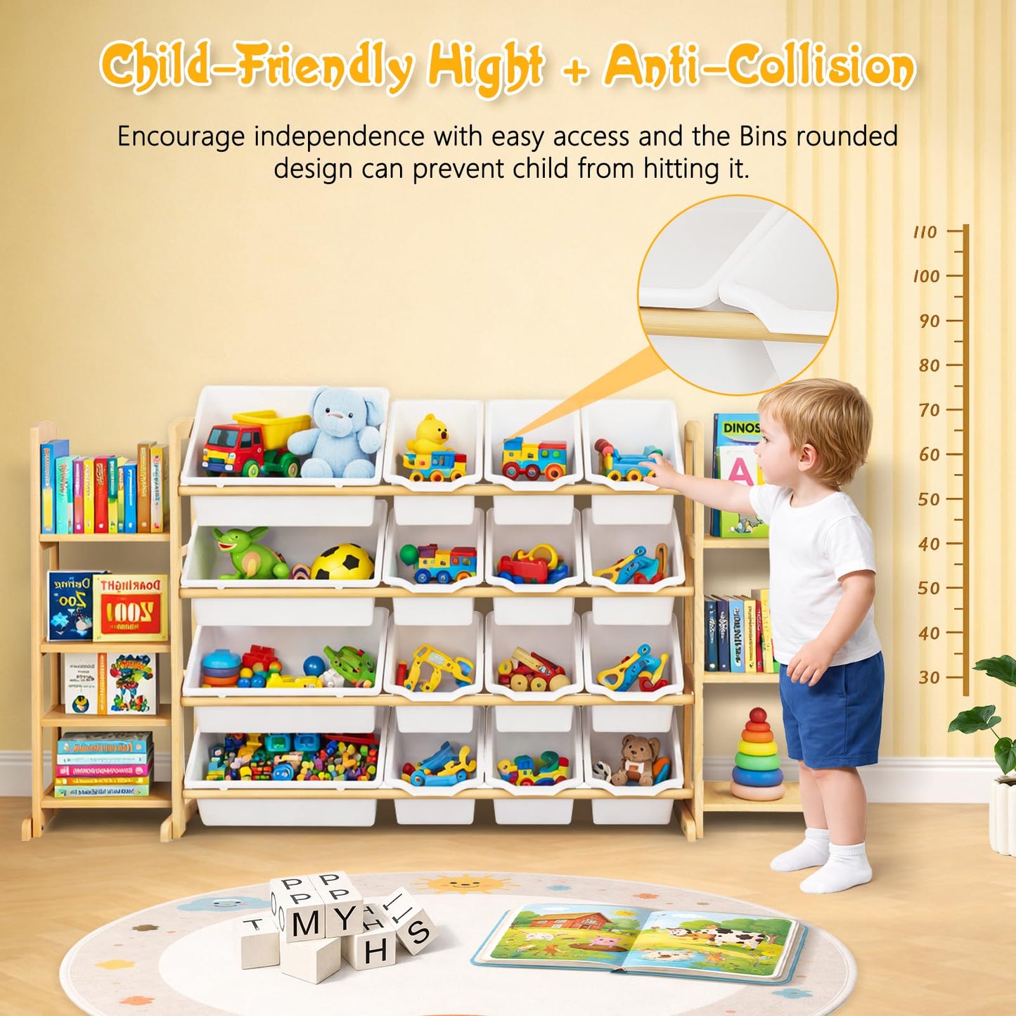 Etitlly Kids Toy Storage Organizer with Bookshelf – Wooden Shelf with 16 Bins & 6 Shelves, Quick Assembly Storage Rack for Playroom, Bedroom, Nursery - White