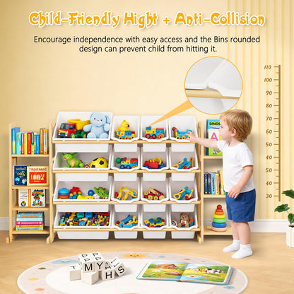 Etitlly Kids Toy Storage Organizer with Bookshelf – Wooden Shelf with 16 Bins & 6 Shelves, Quick Assembly Storage Rack for Playroom, Bedroom, Nursery - White