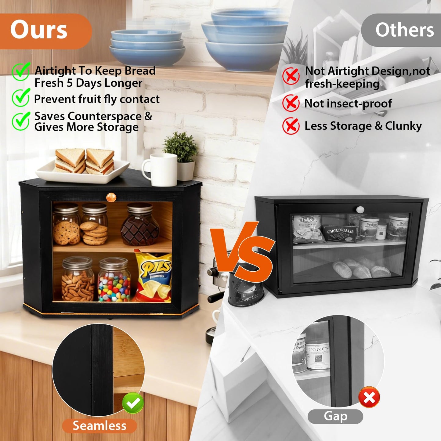 Bamboo Corner Bread Box for Kitchen Countertop - Double Layer Bread Storage with Clear Window, Black Wooden Bread Keeper Organizer for Homemade Bread, Under Cabinet Mount, Fits Countertop & Pantry