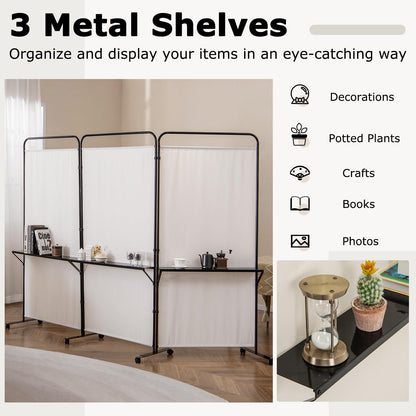 Giantex 3 Panel Room Divider with Wheels and Shelves, 103" W x 74" H Folding Privacy Screen, Rolling Partition Separator for Home Office Studio, Fabric Wall Divider for Room Separation (Beige)