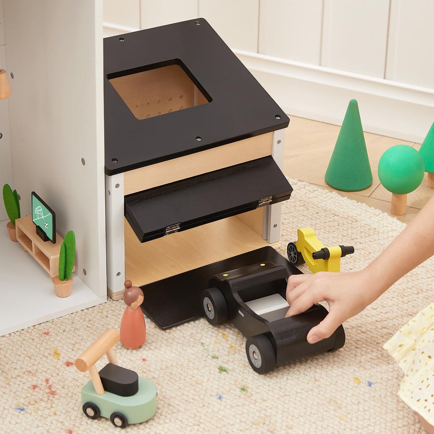 OOOK Wooden Dollhouse Garage Set Includes Workbench, Lawn Mower, Bicycle and Car, Dollhouse Furniture & Accessories for Kids