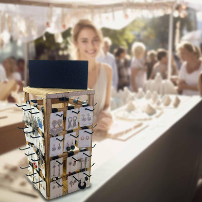 Jewack Wooden rotating Jewelry Display Stand with Removable 48 Hooks advertising board, For Earring Cards necklace bracelet Keychain Jewelry Organizer For Selling For vendor events (brown)