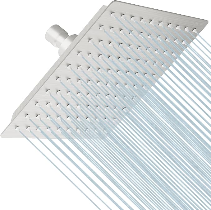 BESy 8 Inch Rain Shower Head, 8" Square Rainfall & High Pressure Stainless Steel Bath Shower Head, 1/16" Ultra Thin, Waterfall Full Body Coverage with Silicone Nozzle, Non Fingerprint Brushed Finish