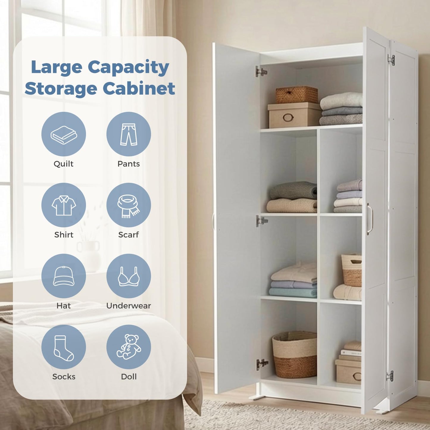 DUMOS Tall Storage Cabinet with Doors & Shelves, Large Capacity Organizer, Wooden Bedroom Storage Unit Suitable for Dining Room, Office and Study Rooms, White