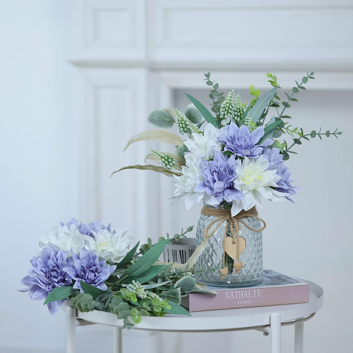 Faux Flowers with Vase,Artificial Silk Flowers in Vase, Fake Plant Eucalyptus and Willow,Flower Arrangement for Home Farmhouse kitchen Dining Table Centerpiece Decorations Table Decor (Dusty Purple)