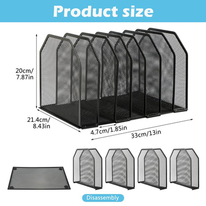 LYNCHAOXAN 7-Section Vertical Mesh File Sorter, Black Metal Desktop Document Organizer with Extra Wide Spacing, Metal Paper Holder for Home Office Classroom Desk Storage