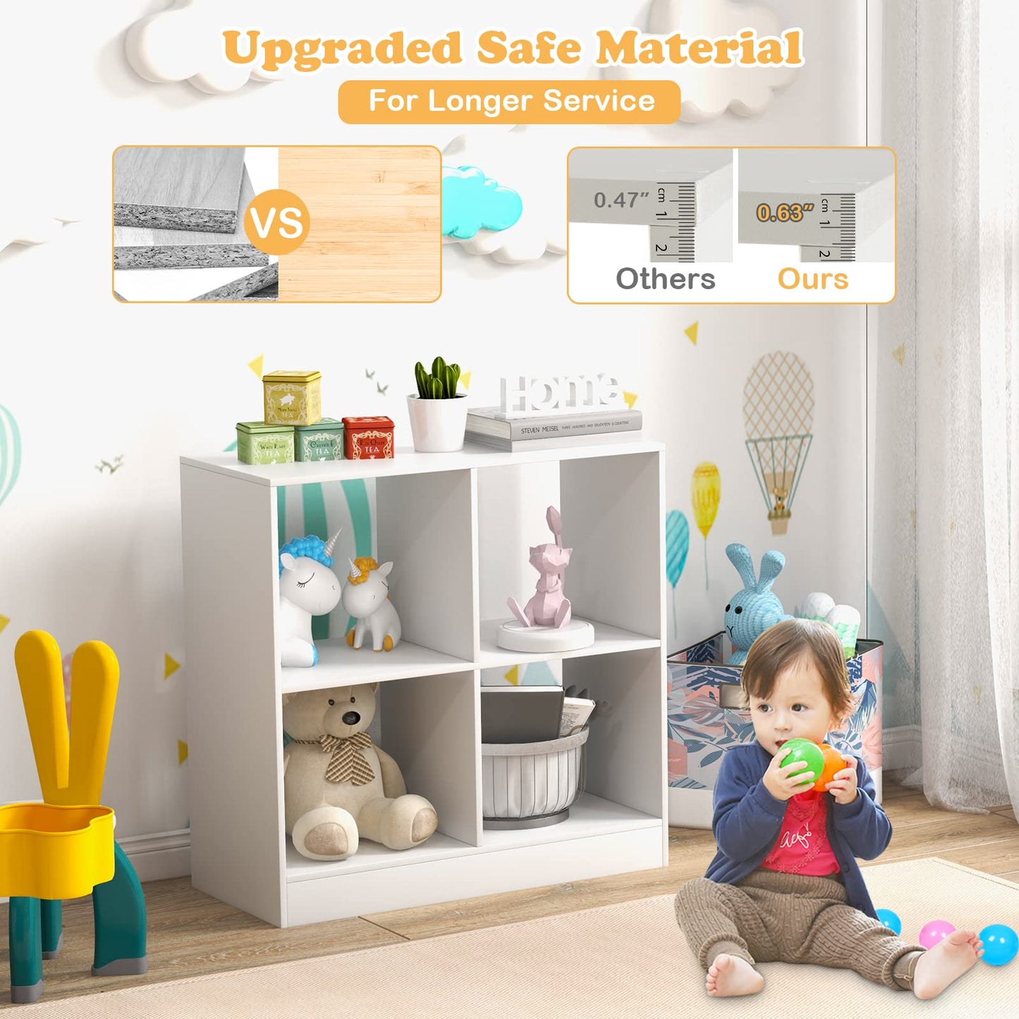 Costzon Toy Organizers and Storage, Wooden White 4-Cube Kids Bookcase for Books Toys Display Organization, Toddler Bookshelf for Bedroom, Living Room, Nursery, Playroom