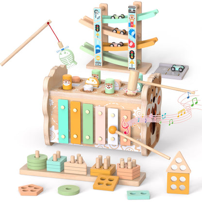 Wooden Montessori Toys for 1 Year Old, Sorting & Stacking Toys, Pounding Hammering Toy with Xylophone & Fishing Game, Car Ramp Toy 3 in 1 Wooden Toddler Toys 1 2 3 for Boys Girls Birthday Gifts