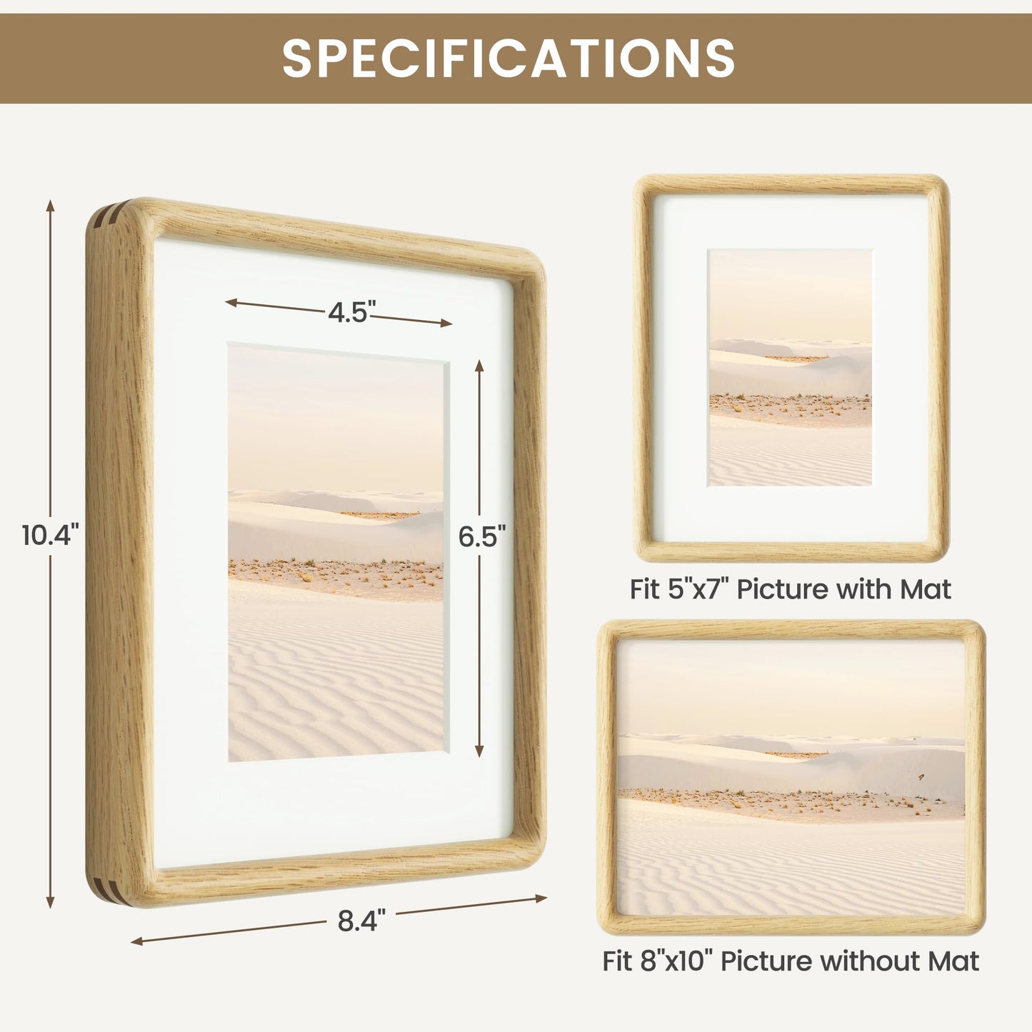 8x10 Picture Frame, USA-Sourced Natural Oak Wood Photo Frame with Tempered Glass, Double Mortise & Tenon Handcrafted Rounded Corner 8 by 10 Wooden Frame Matted to 5x7 Photos, Wall or Tabletop Display